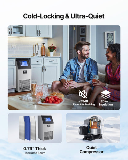 Commercial Ice Maker Machine, 100 Lbs/24h With 28Lbs Storage, 45 Cubes Per Cycle, Stainless Steel Freestanding &amp; Under Counter Ice Maker With LED Display &amp; Self-Cleaning, For Home Bar Restaurant
