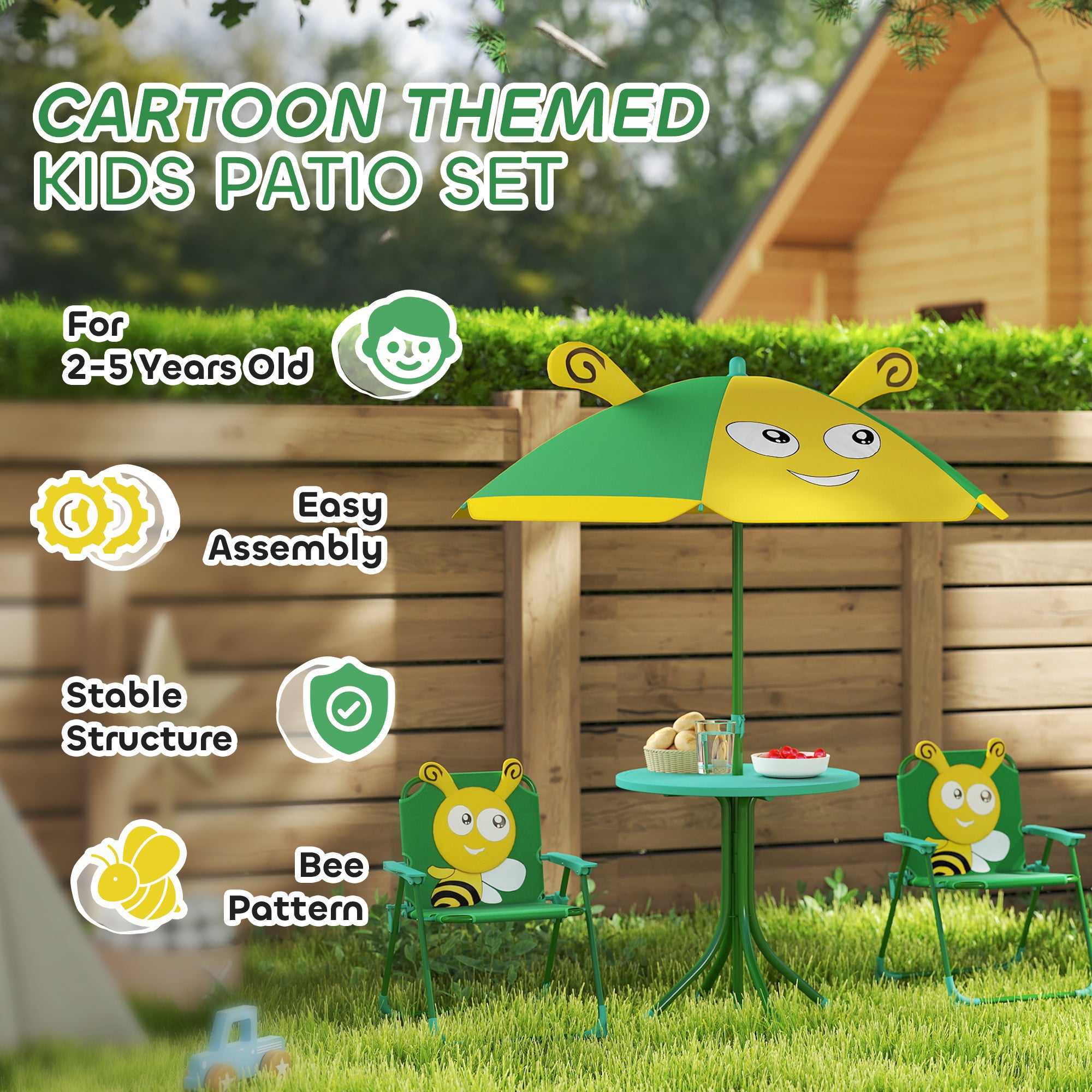 Kids Picnic Table and Chair Set, Outdoor Activity Table with Foldable Chairs, Height Adjustable Umbrella, Green