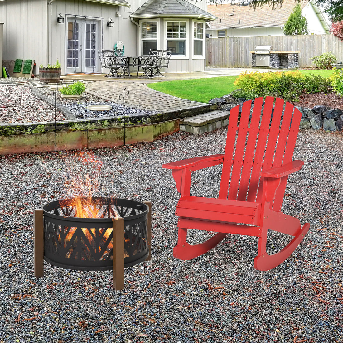 Wooden Adirondack Rocking Chair Outdoor Lounge Chair Fire Pit Seating with Slatted Wooden Design, Fanned Back, Red