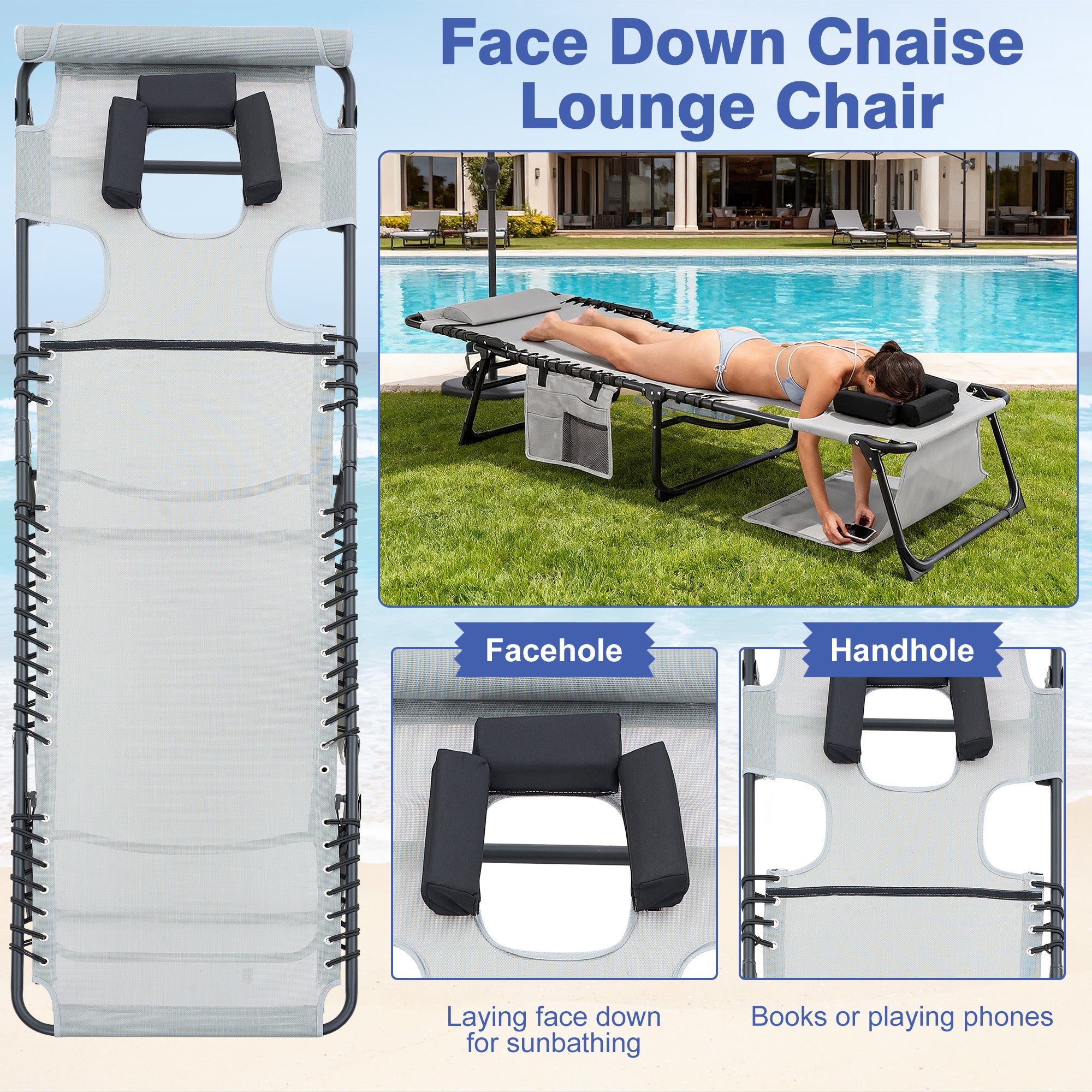 Face Down Chaise Lounge Chair 5-Position Adjustable Sunbathing, Foldable Tanning Chair With Face&amp; Arm Holes, Outdoor Recliner Chair For Pool, Beach, Patio, Lawn  Gray, 2 Pcs