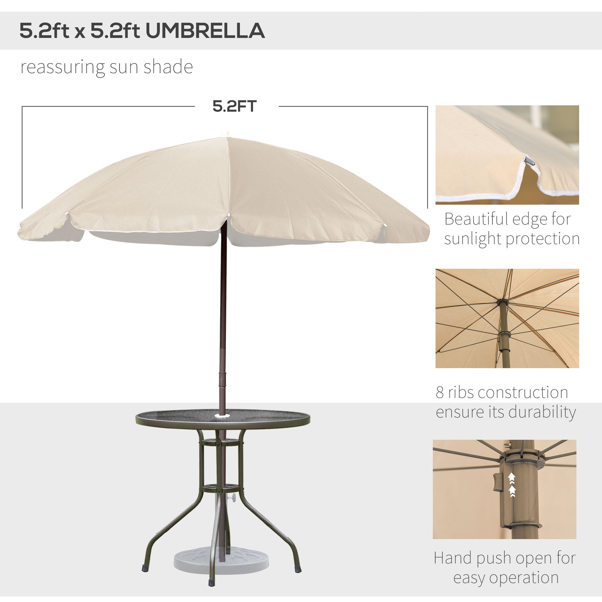 6 Piece Patio Dining Set for 4 with Umbrella, Outdoor Table and Chairs with 4 Folding Dining Chairs &amp; Round Glass Table for Garden, Backyard and Poolside, Beige
