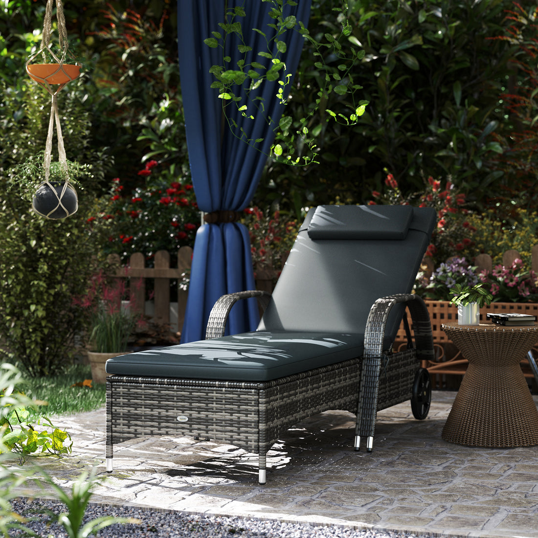 Outdoor Chaise Lounge, 5-Level Adjustable Backrest Rattan Pool Lounge Chair with Wheels, Cushion &amp; Headrest, Black