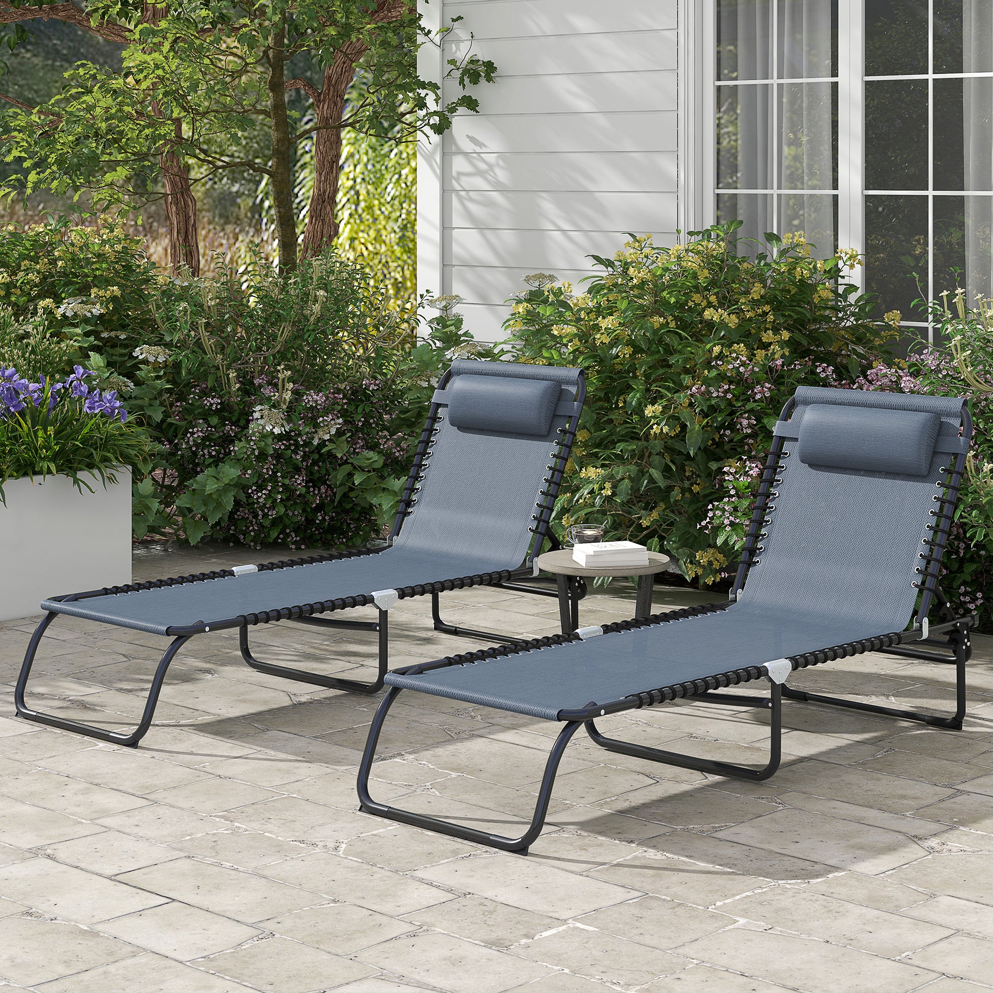 2 Folding Chaise Lounge Pool Chairs with 4-Position Reclining Back, Pillow, Breathable Mesh &amp; Bungee Seat, Gray