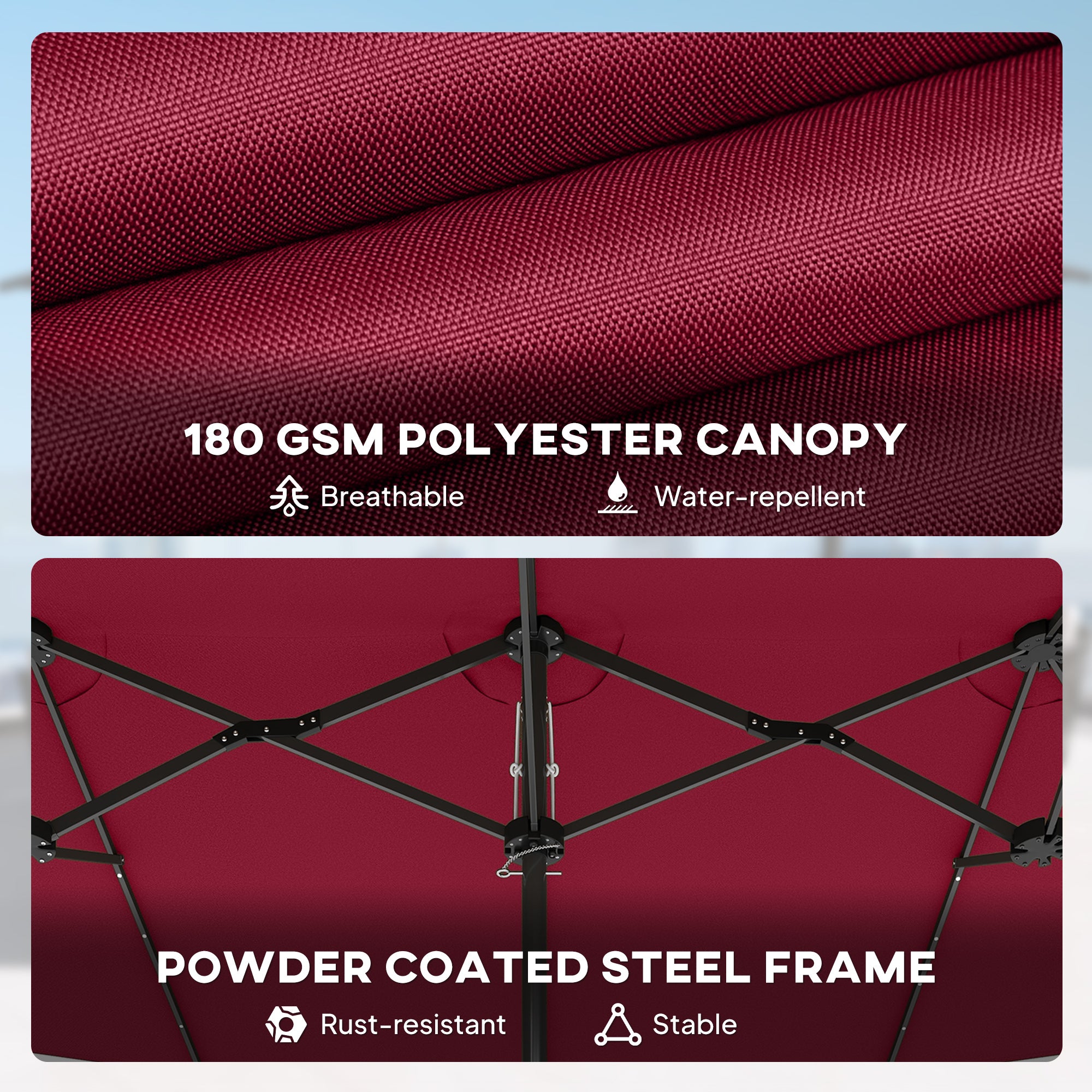 Garden Parasol, Double-Sided Sun Umbrella with LED Solar Lights, Patio Parasol for Outdoor, Wine Red