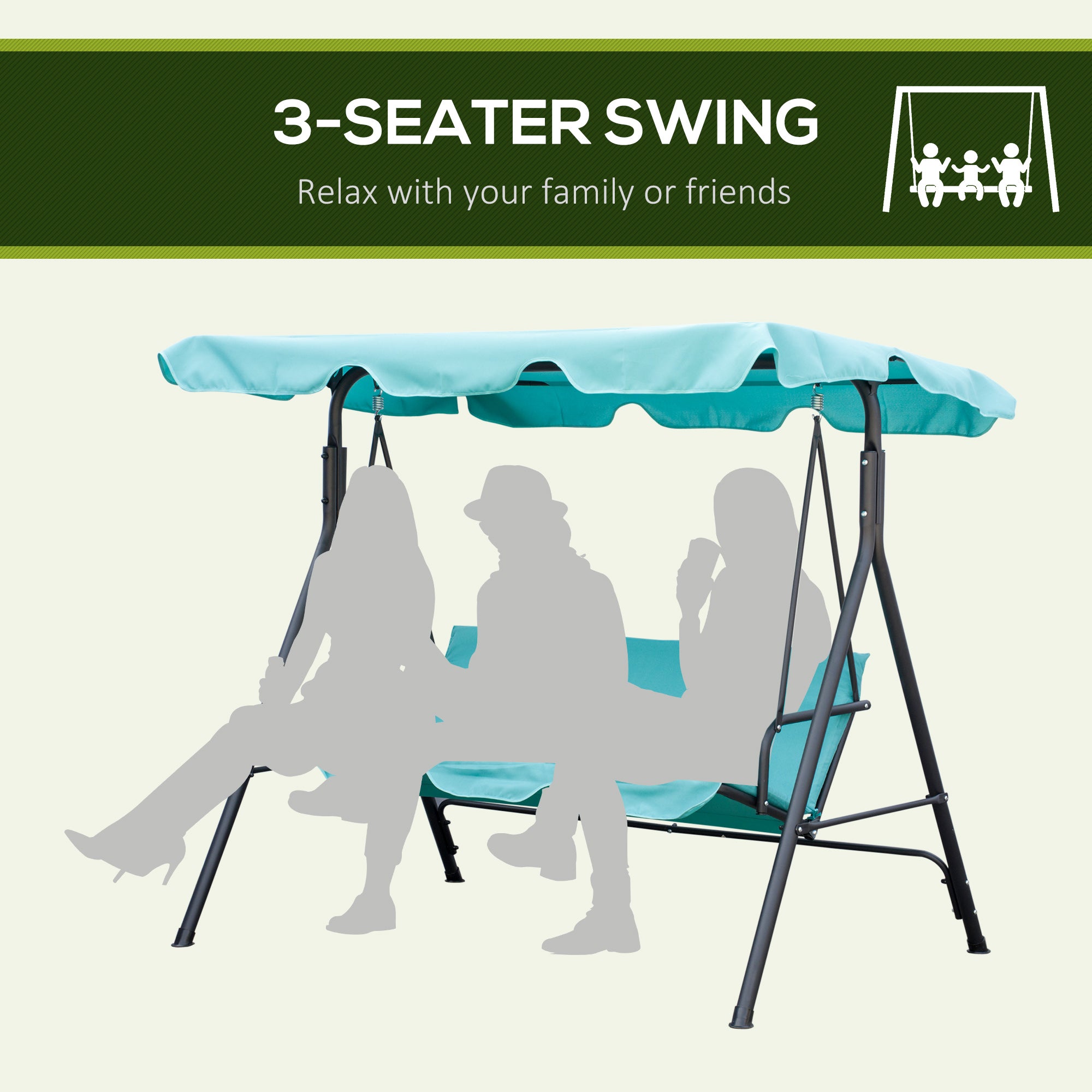3-Seat Outdoor Patio Swing Chair with Removable Cushion, Steel Frame Stand and Adjustable Tilt Canopy for Patio, Garden, Poolside, Balcony, Backyard, Green