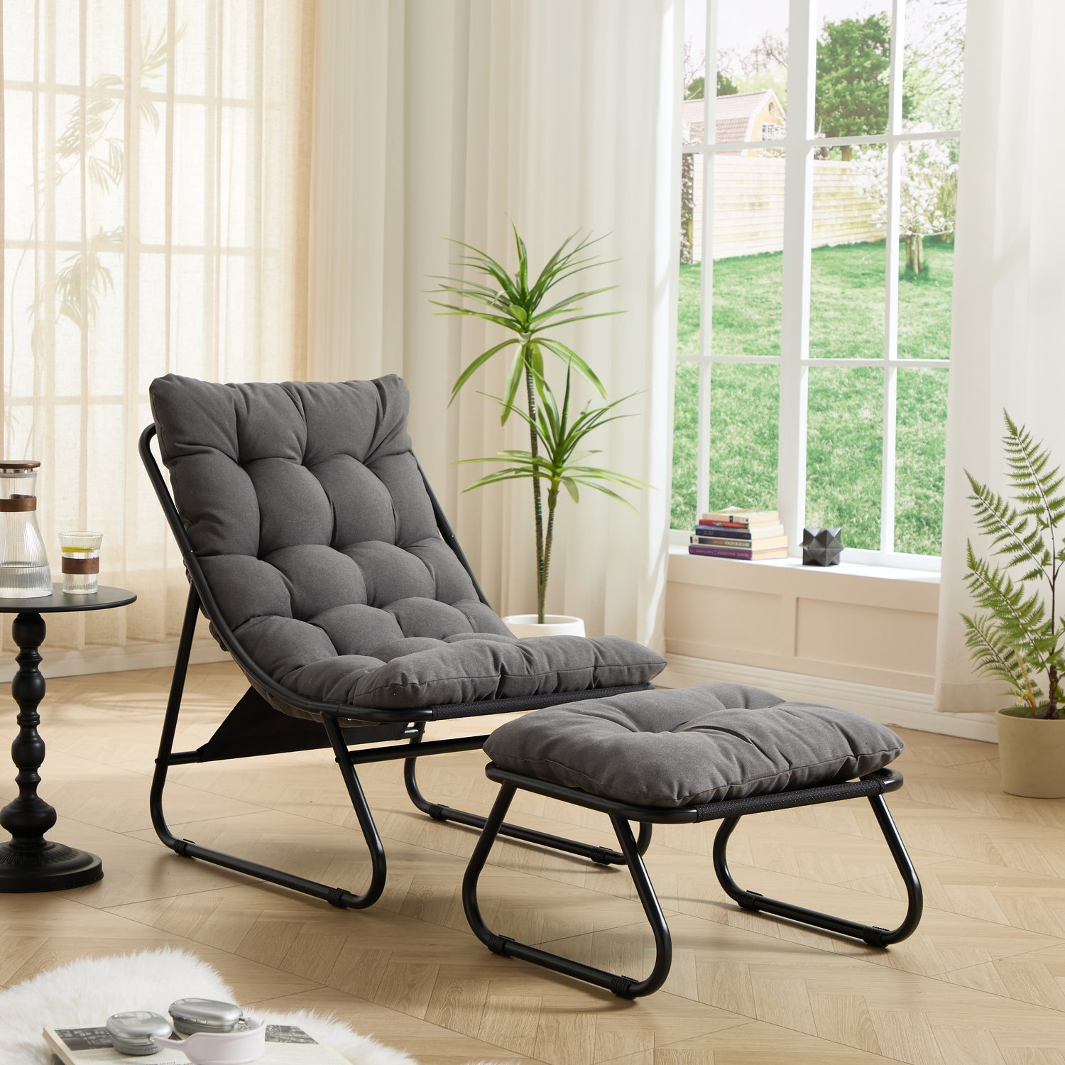 Patio Outdoor Lounge Chair With Ottoman, Comfy Sling Recliner Chair With Puffy Cushion And Foot Stool, Ideal For Living Room, Bedroom, Reading Room, Black Frame With Grey Cushion