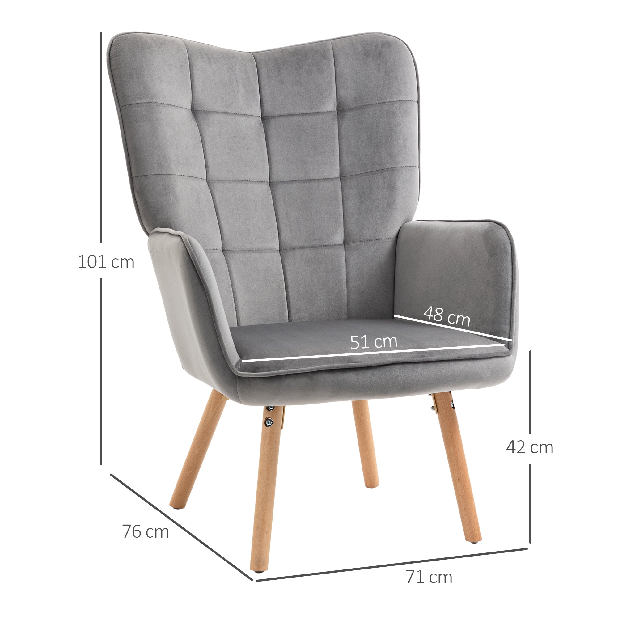 Modern Accent Chair Velvet-Touch Tufted Wingback Armchair Upholstered Leisure Lounge Sofa Club Chair With Wood Legs, Set Of 2, Grey