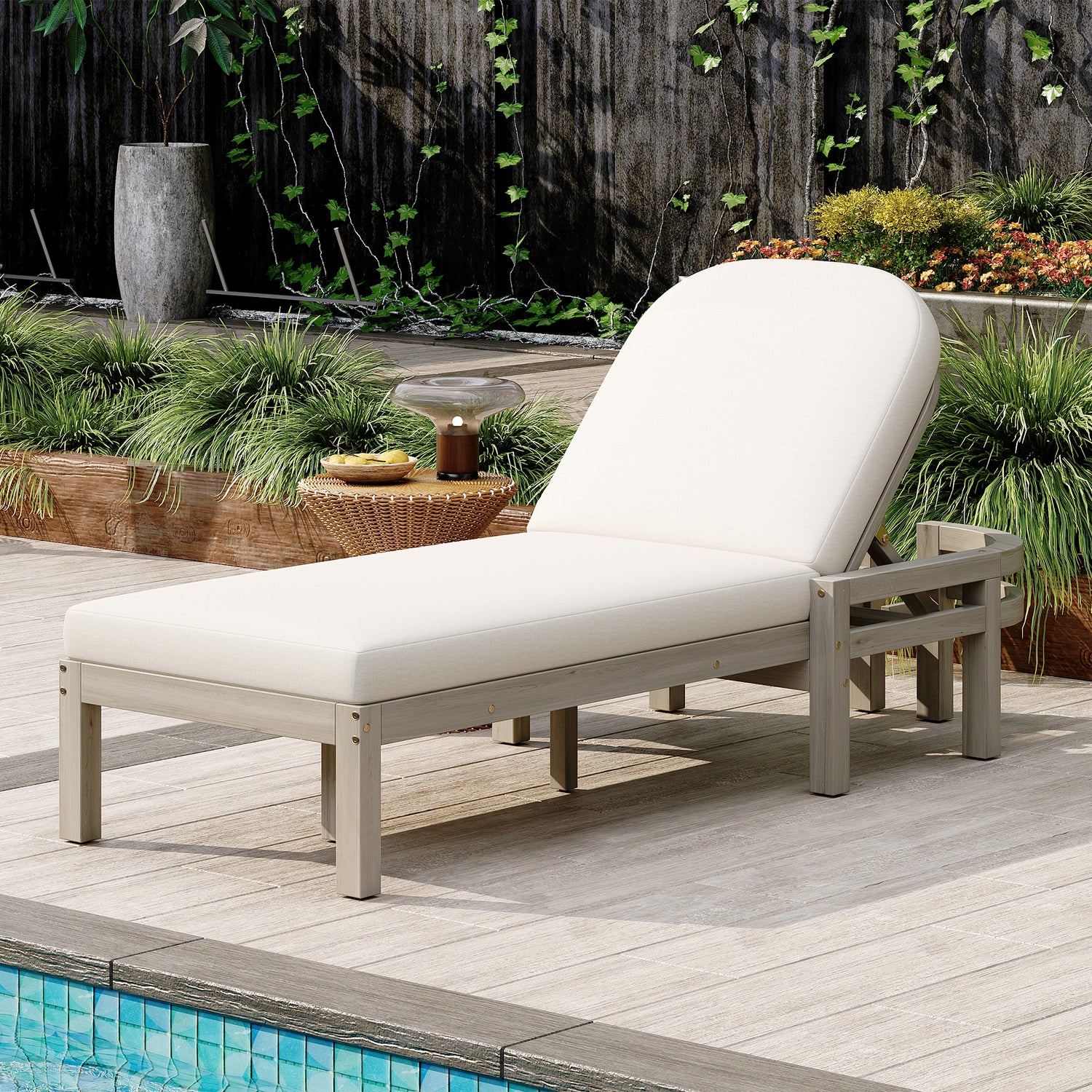 TREXM Outdoor Chaise Lounge  Premium Acacia Wood Patio Recliner With Arched Backrest  5-Position Adjustable Backrest  Outdoor Lounge Chair For Poolside    Deck &amp; Lawn  Gray