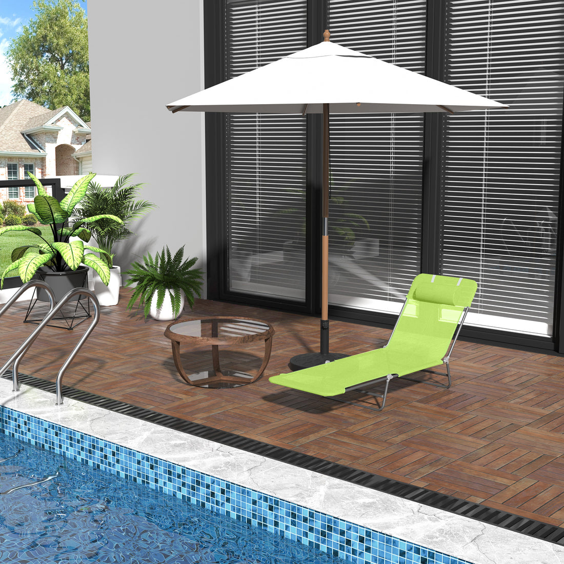 Folding Chaise Lounge Pool Chairs, Outdoor Sun Tanning Chairs with Pillow, Reclining Back, Steel Frame &amp; Breathable Mesh for Beach, Yard, Patio,  Green