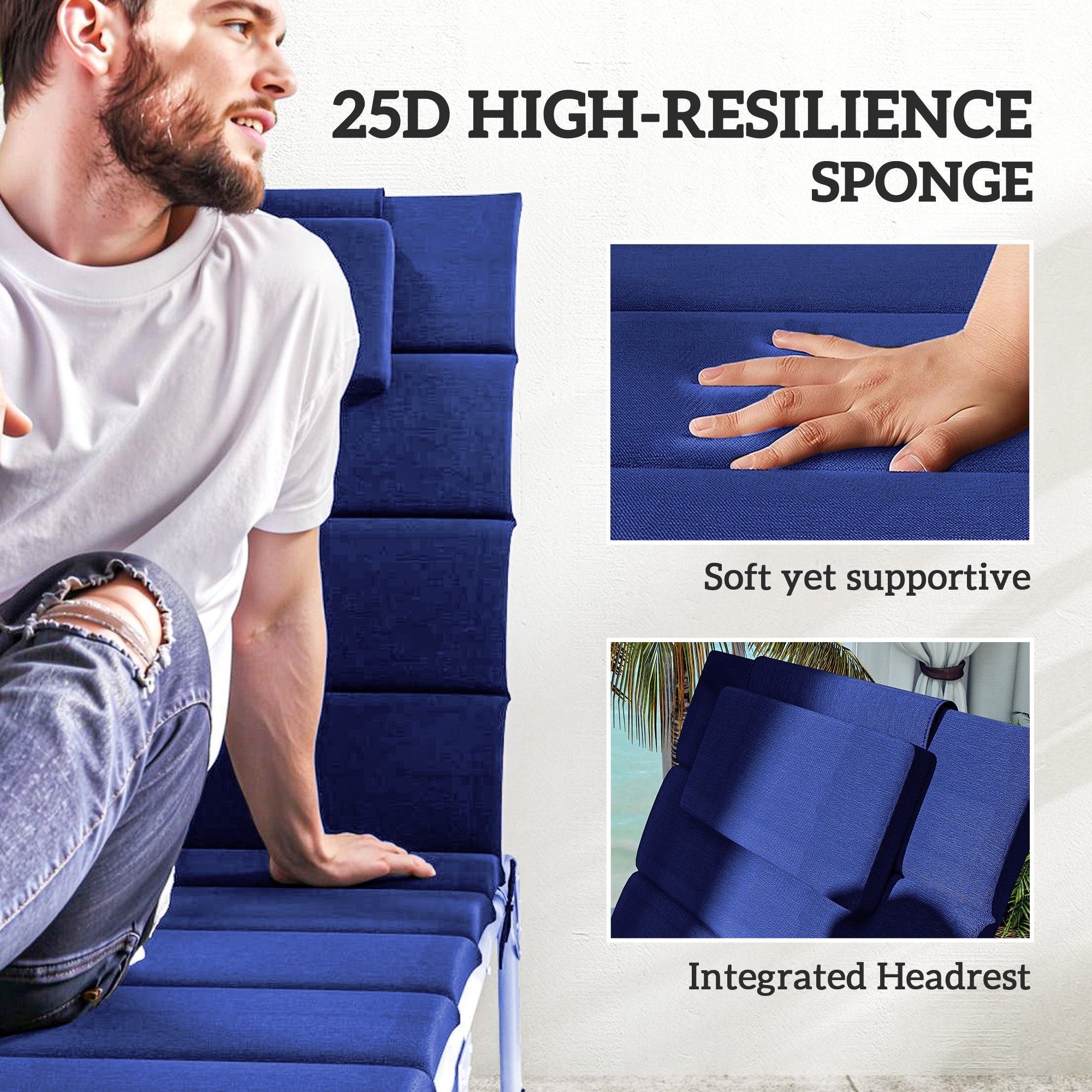 Foldable Chaise Lounge Cushion Set of 2, Outdoor Lounge Chair Cushion Set, UPF50+ 230gsm Olefin, 80" x 26" Dark Blue