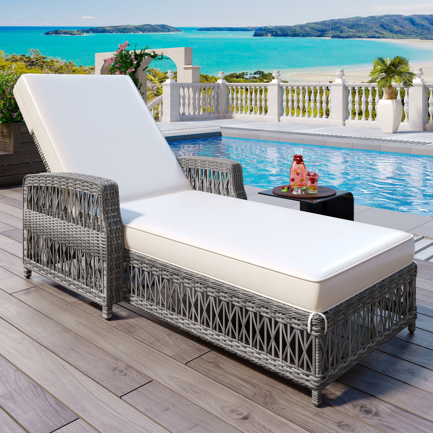 GO Outdoor Long Reclining Chaise, Wicker Lounge With Armrests, Patio Adjustable Recliner With Soft Removable Cushions, All Weather Rattan Pool Lounge For Poolside &amp; Garden, Beige