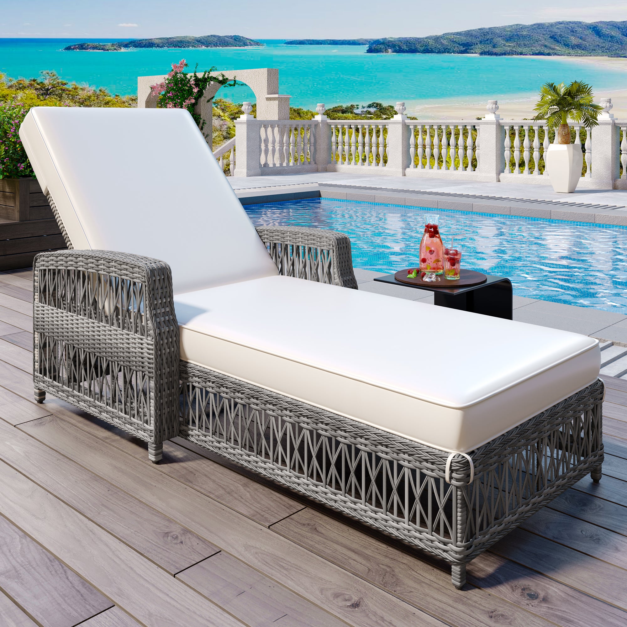 GO Outdoor Long Reclining Chaise, Wicker Lounge With Armrests, Patio Adjustable Recliner With Soft Removable Cushions, All Weather Rattan Pool Lounge For Poolside &amp; Garden, Beige