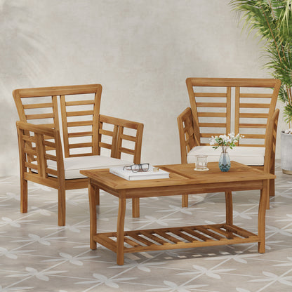 Caydon 2 Club Chairs + Table Outdoor Set with Slat Panel Design - Natural Wood