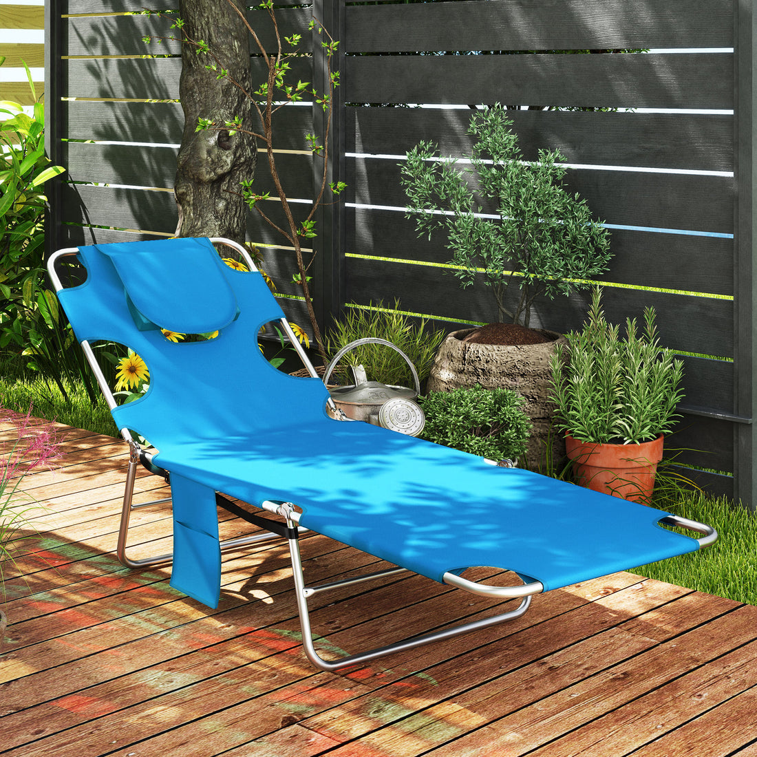 Folding Outdoor Chaise Lounge Sun Tanning Chair with Face Cavity, Pillow, 5-level Adjustable for Beach, Pool, Light Blue