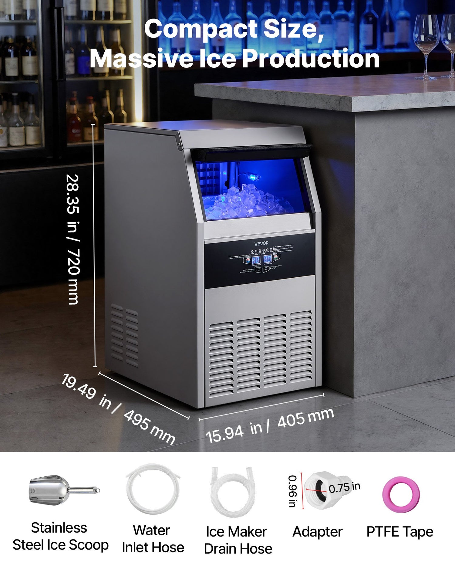 Commercial Ice Maker Machine, 130 Lbs/24h With 30 Lbs Storage Capacity, Built-in/Freestanding/Under Counter, Stainless Steel Ice Maker With LED Display &amp; Self-Cleaning, For Home Bar Restaurant