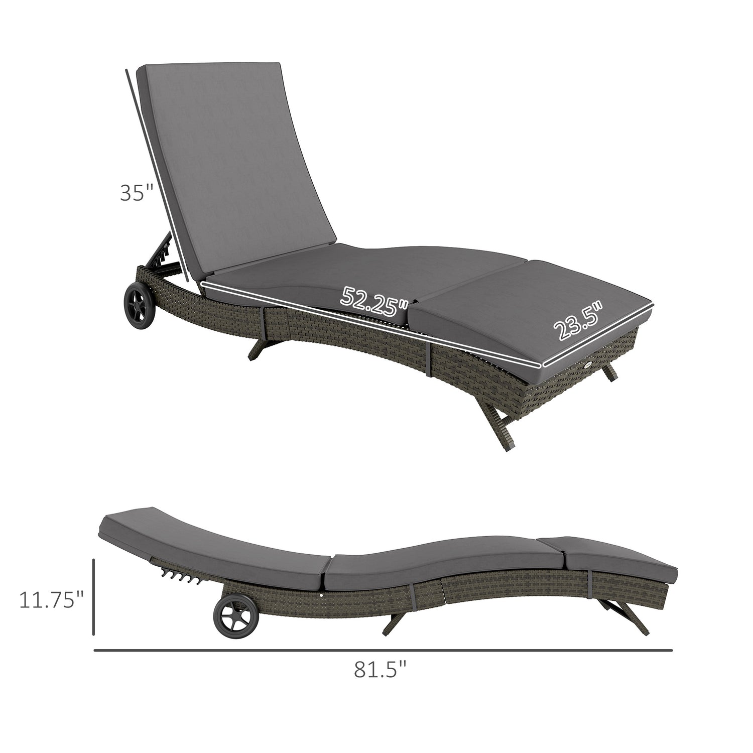 Patio Wicker Chaise Lounge Chair, Outdoor PE Rattan Sun lounger with Adjustable Backrest and 2 Wheels, Gray