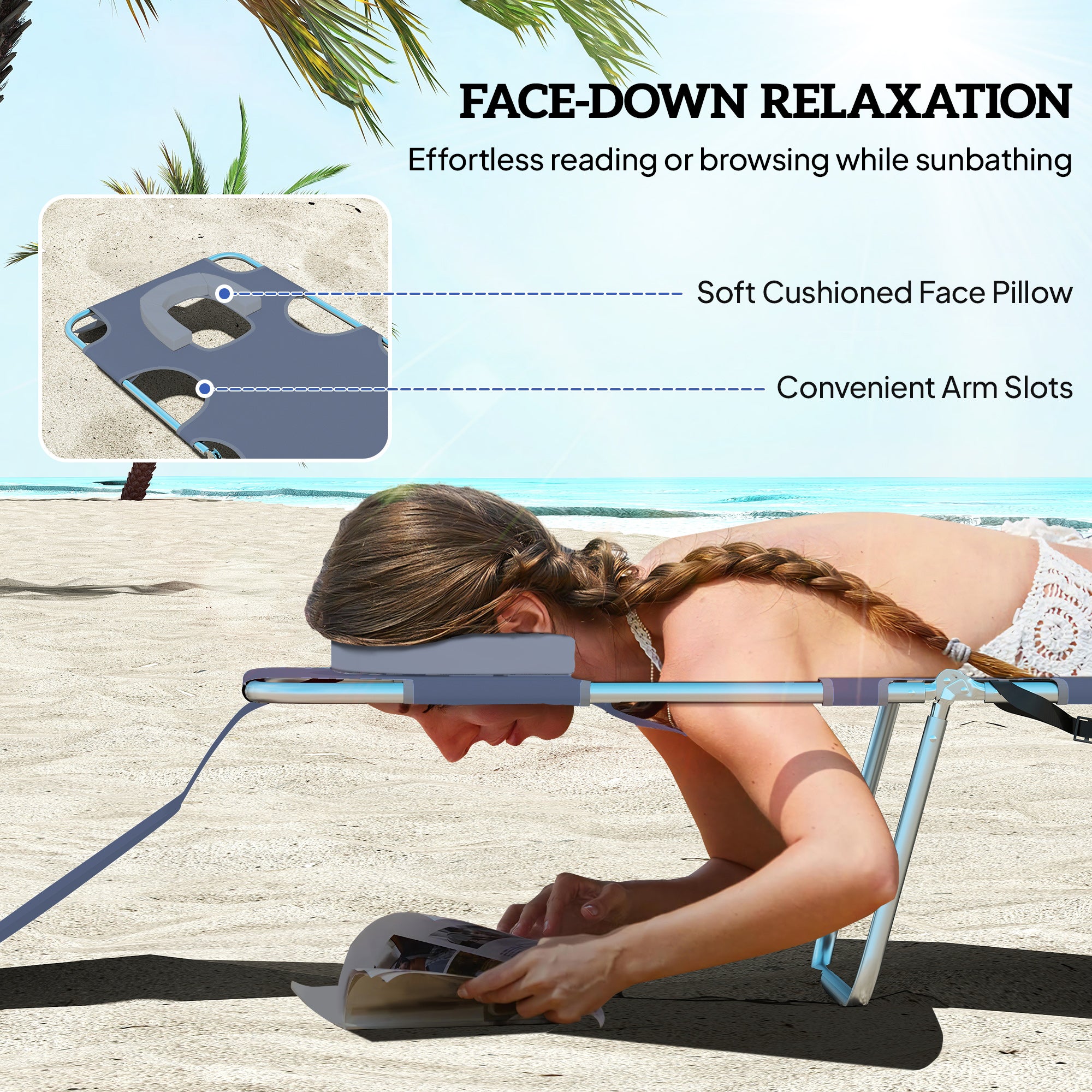 Folding Outdoor Chaise Lounge Sun Tanning Chair with Face Cavity, Pillow, 5-level Adjustable for Beach, Pool, Gray