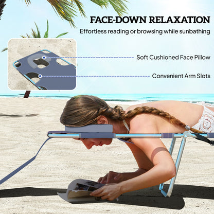 Folding Outdoor Chaise Lounge Sun Tanning Chair with Face Cavity, Pillow, 5-level Adjustable for Beach, Pool, Gray