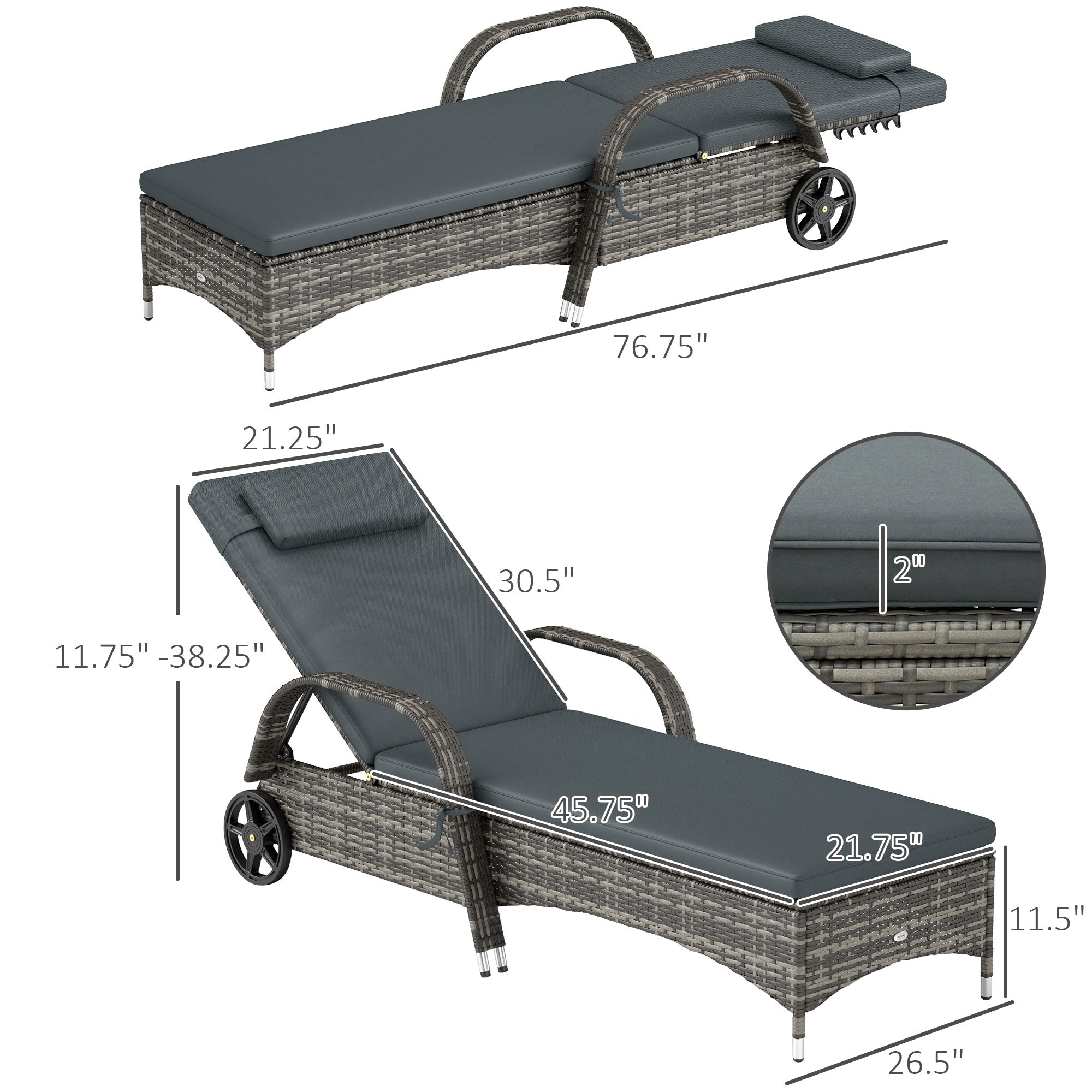 Outdoor Chaise Lounge, 5-Level Adjustable Backrest Rattan Pool Lounge Chair with Wheels, Cushion &amp; Headrest, Black