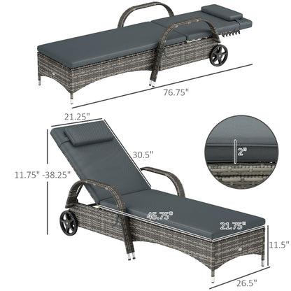 Outdoor Chaise Lounge, 5-Level Adjustable Backrest Rattan Pool Lounge Chair with Wheels, Cushion &amp; Headrest, Black