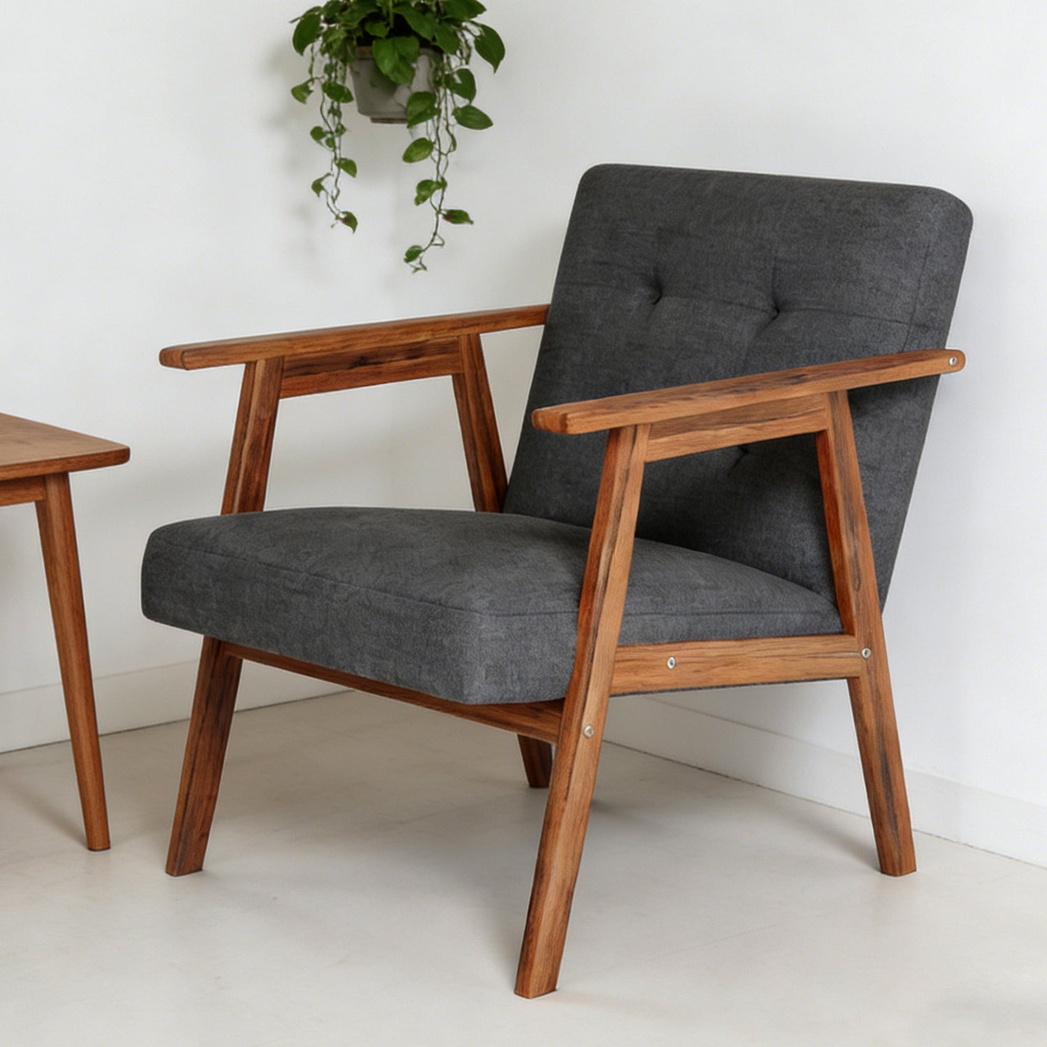 Mid Century Modern Accent Chair With Walnut Finish Thick Comfy Seat Cushion Upholstered Living Room Lounge Arm Chair For Living Room Bedroom Office Waiting Area Dark Grey