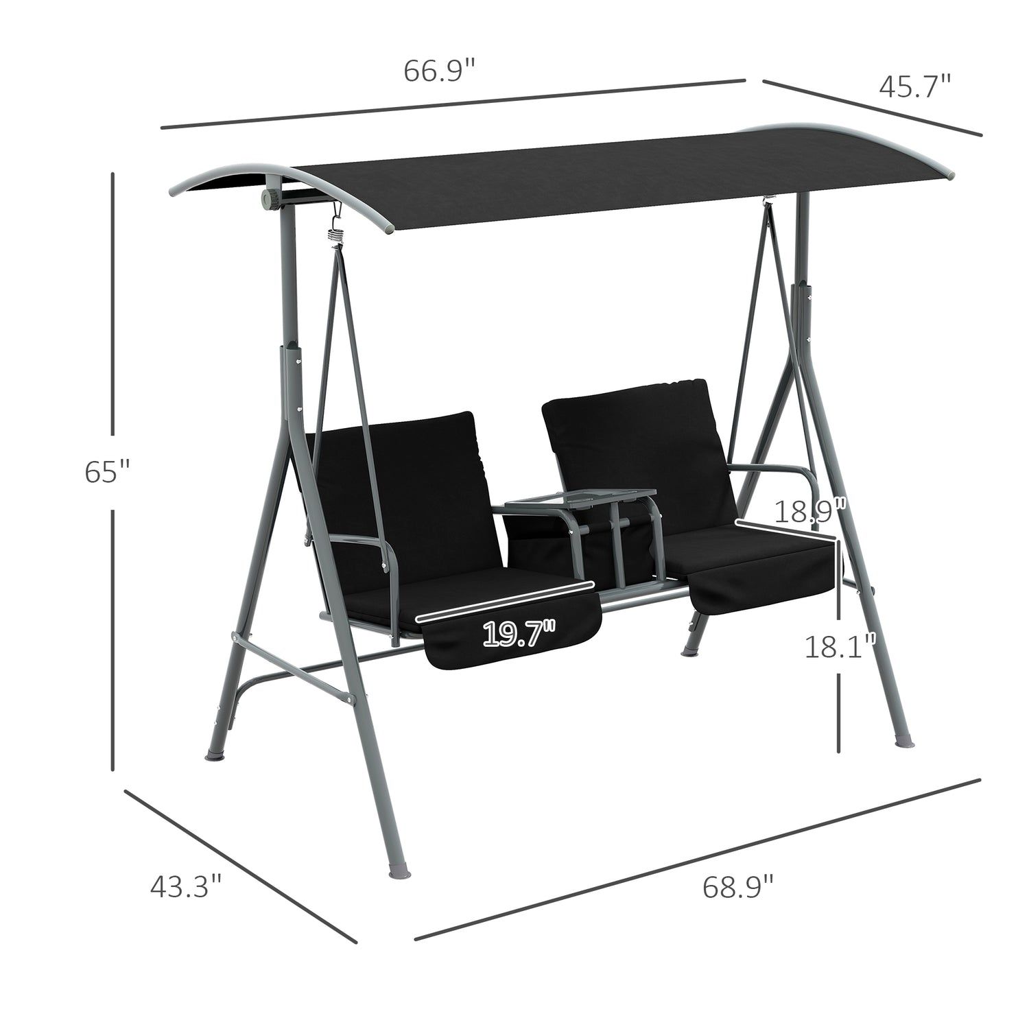 2-Seater Outdoor Porch Swing with Canopy and Table, Patio Swing Chair for Garden, Poolside, Backyard, Black