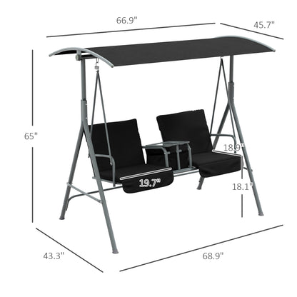 2-Seater Outdoor Porch Swing with Canopy and Table, Patio Swing Chair for Garden, Poolside, Backyard, Black