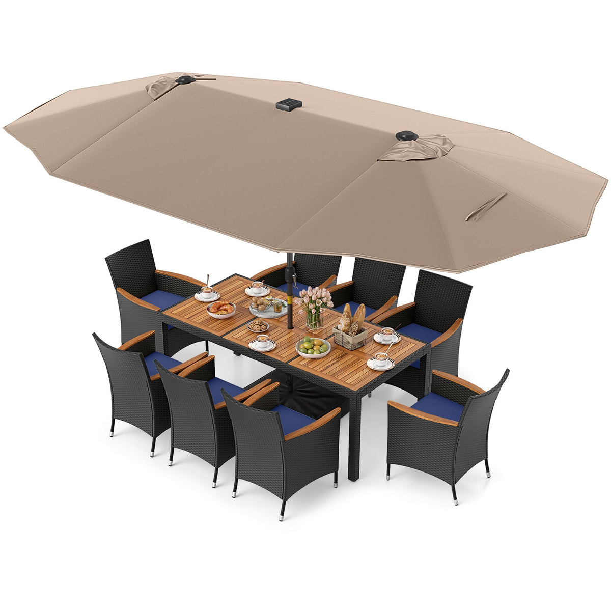 11 Pieces Patio Dining Set with LED Patio Umbrella with Base and Seat Cushions (Navy)