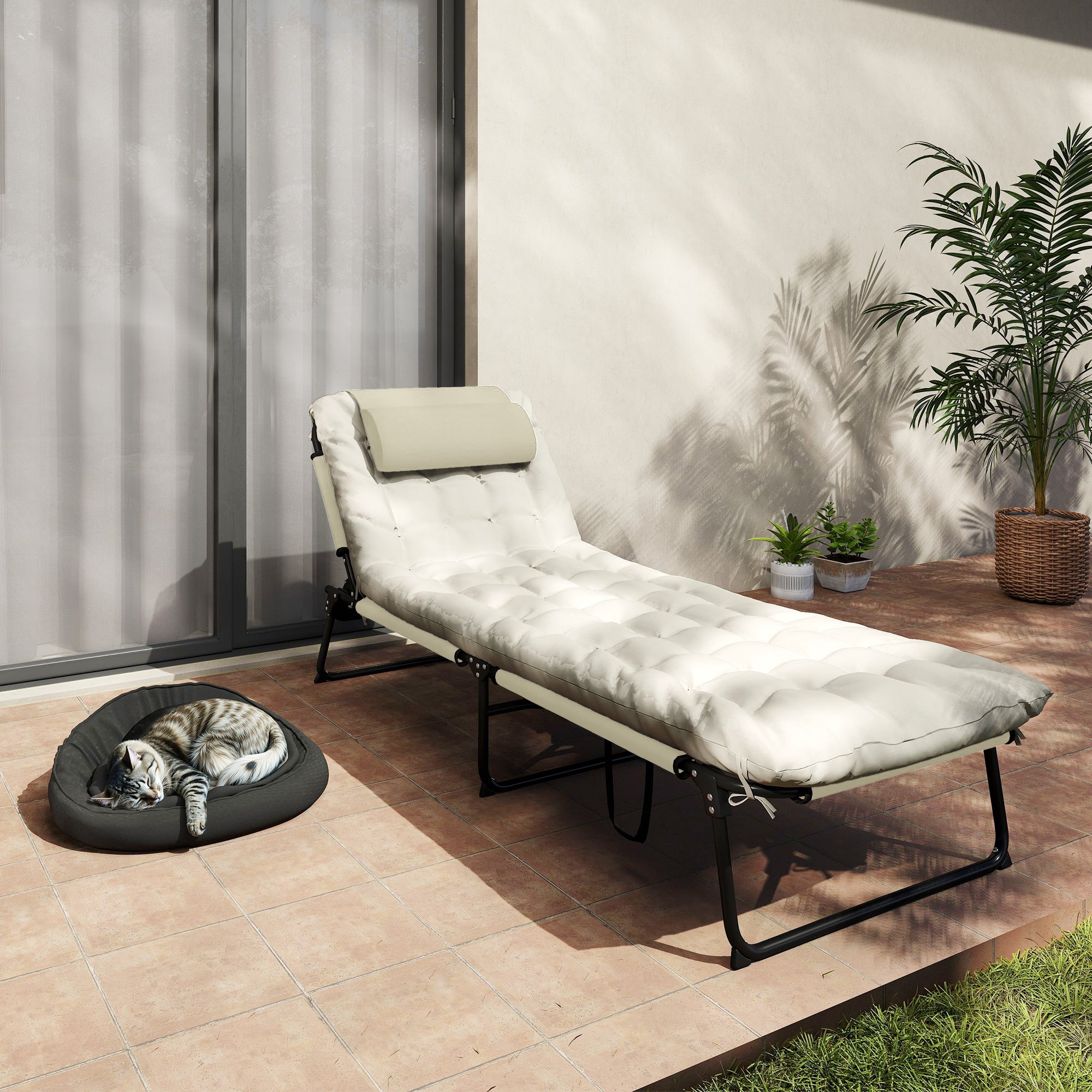 Folding Chaise Lounge Pool Chair with 4-level Reclining Back, Cushion, Side Pocket, Headrest, Beige