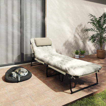 Folding Chaise Lounge Pool Chair with 4-level Reclining Back, Cushion, Side Pocket, Headrest, Beige