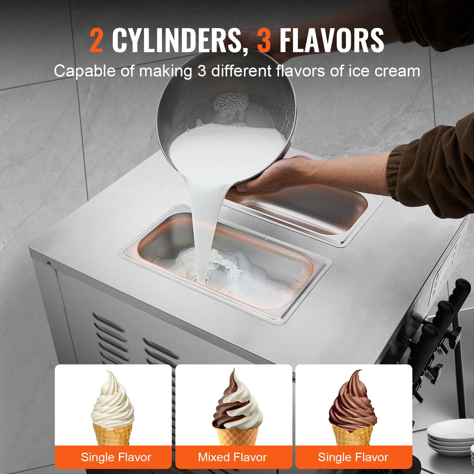 1850W Commercial Soft Ice Cream Machine 3 Flavors 5.3 To 7.4Gallon Per Hour PreCooling At Night Auto Clean LCDPanel For Restaurants Snack Bar, Sliver