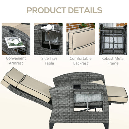 Outdoor Recliner Chair with Cushions, Reclining Patio Lounge Chair with Adjustable Footrest, Armrests, Tray Table, Khaki