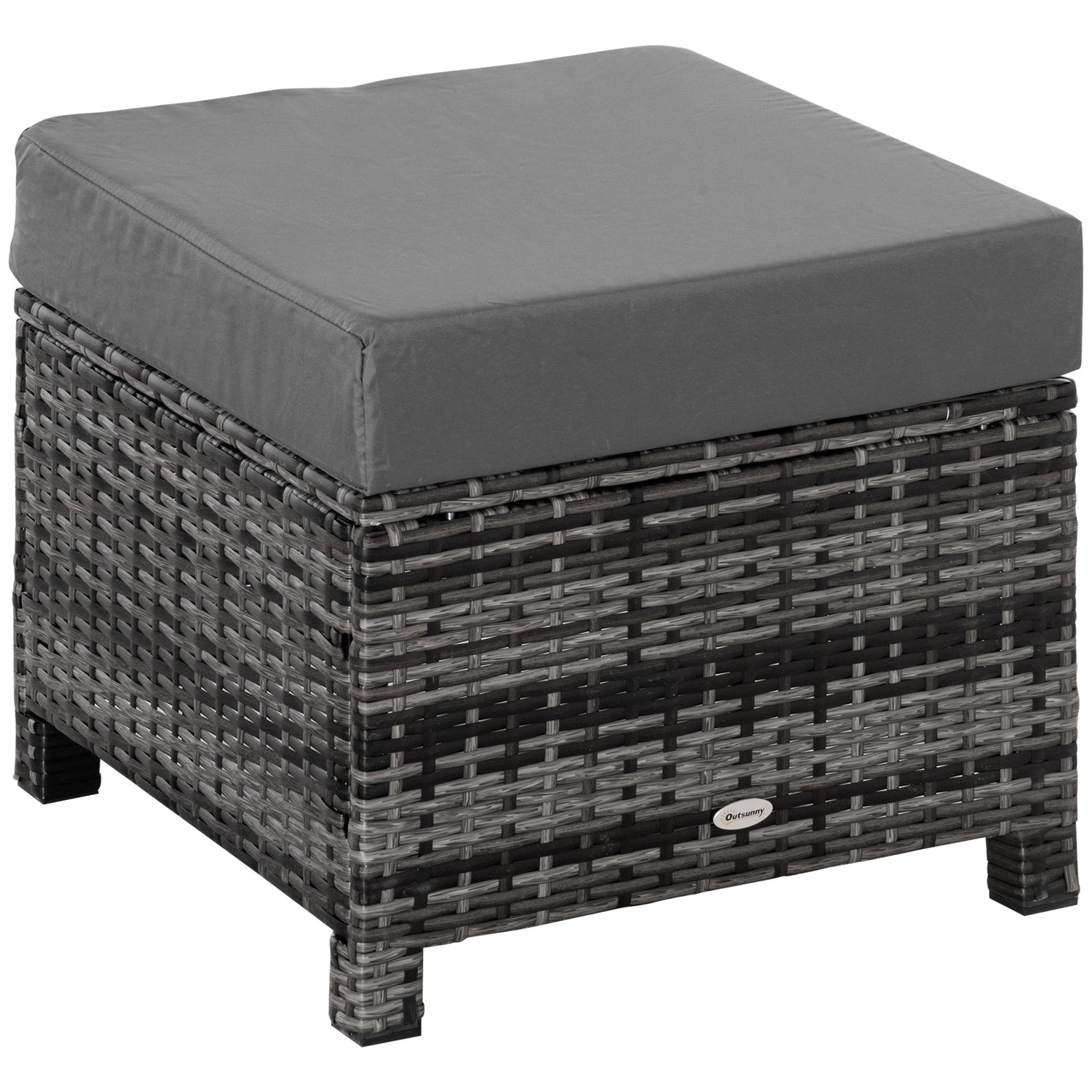 Rattan Footstool Wicker Ottoman With Padded Seat Cushion Outdoor Patio Furniture For Garden Poolside Living Room, 50 X 50 X 35 Cm, Grey