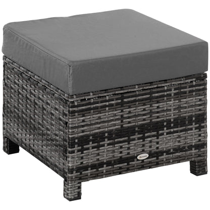 Rattan Footstool Wicker Ottoman With Padded Seat Cushion Outdoor Patio Furniture For Garden Poolside Living Room, 50 X 50 X 35 Cm, Grey