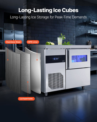 Commercial Ice Maker Machine, 132 Lbs/24H Stainless Steel Ice Machine With Worktop, 30 Lbs Storage &amp; 70 Cubes/Cycle, Self-Cleaning Freestanding Ice-Making For Home Bar Office Restaurant Kitchen