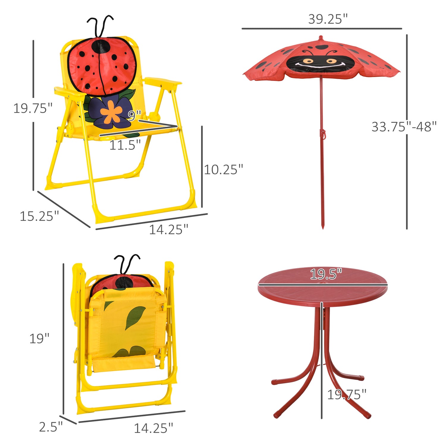 Kids Table and Chair Set, Outdoor Folding Garden Furniture, Picnic Table for Patio Backyard, with Removable &amp; Height Adjustable Sun Umbrella, Aged 3-6 Years Old, Red