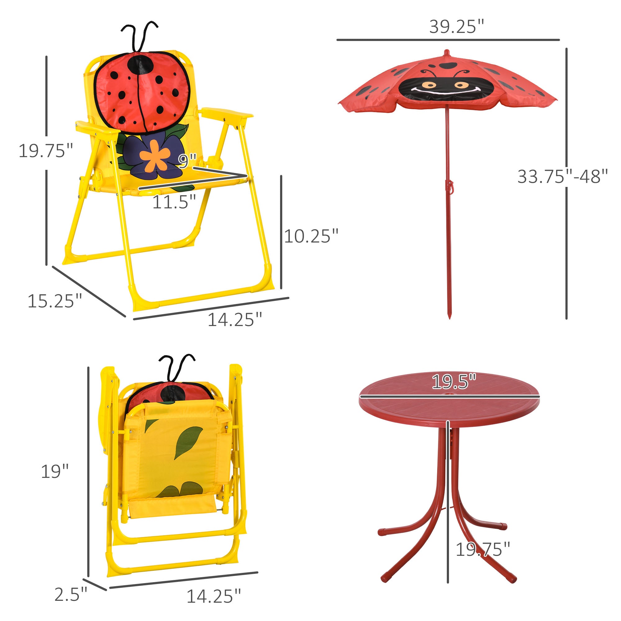 Kids Table and Chair Set, Outdoor Folding Garden Furniture, Picnic Table for Patio Backyard, with Removable &amp; Height Adjustable Sun Umbrella, Aged 3-6 Years Old, Red