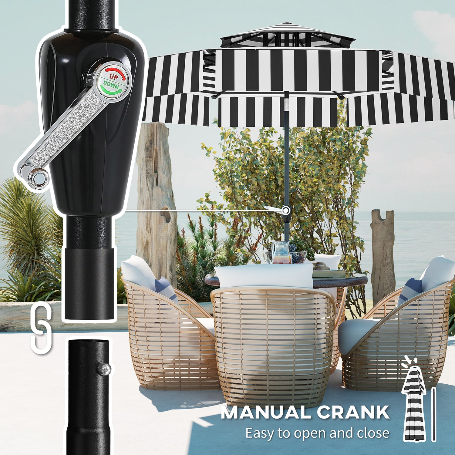 8.6FT Patio Umbrella, UPF 30+ Outdoor Market Umbrella, 2-Tier Vented Patio Table Umbrella with Crank 8 Ribs, Tiltable Porch Umbrella for Garden Deck Poolside, Black