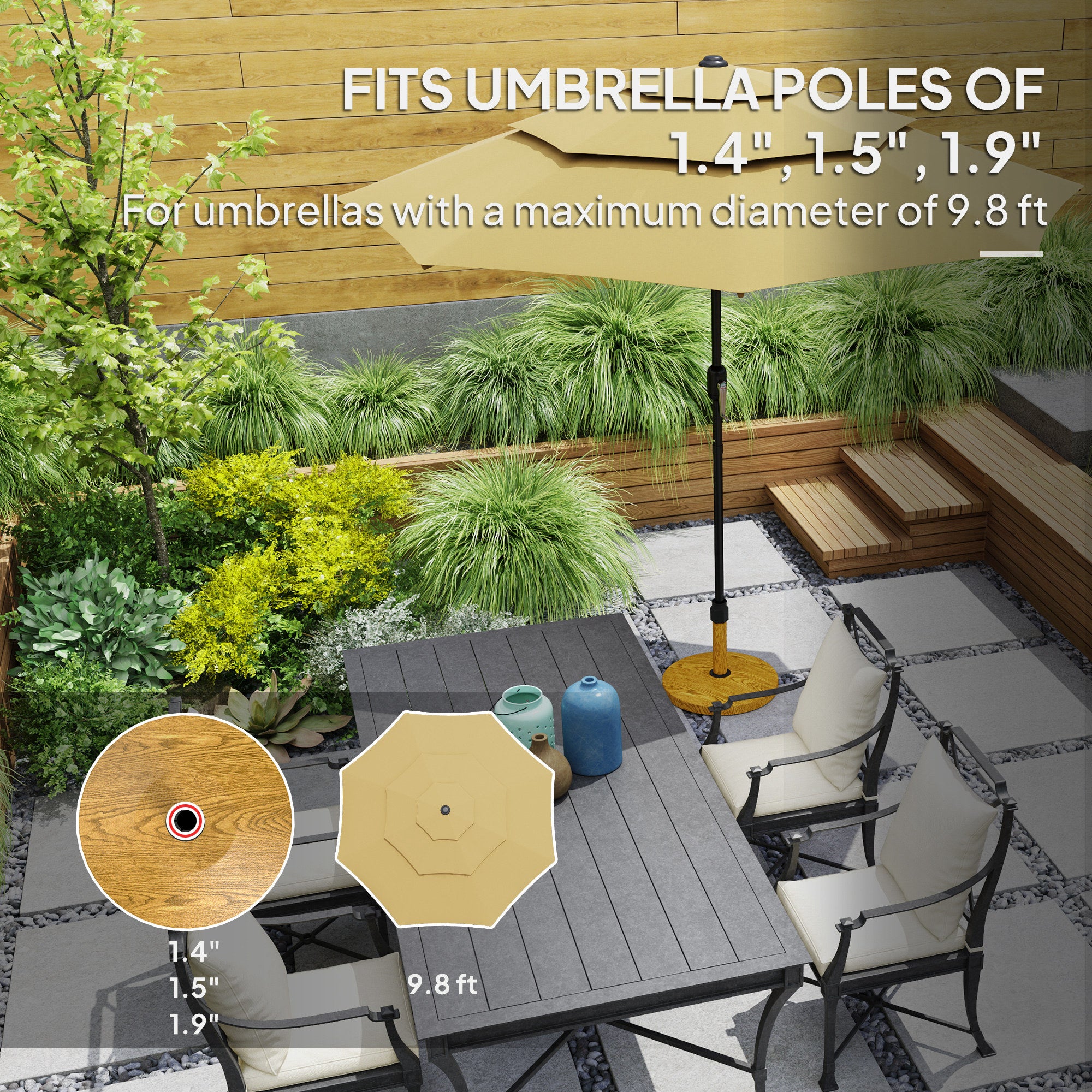 Patio Umbrella Base Holder, Outdoor Umbrella Base With Adjustable Pads, Heavy Duty Patio Umbrella Stand Base For Garden, Poolside, Nature Wood
