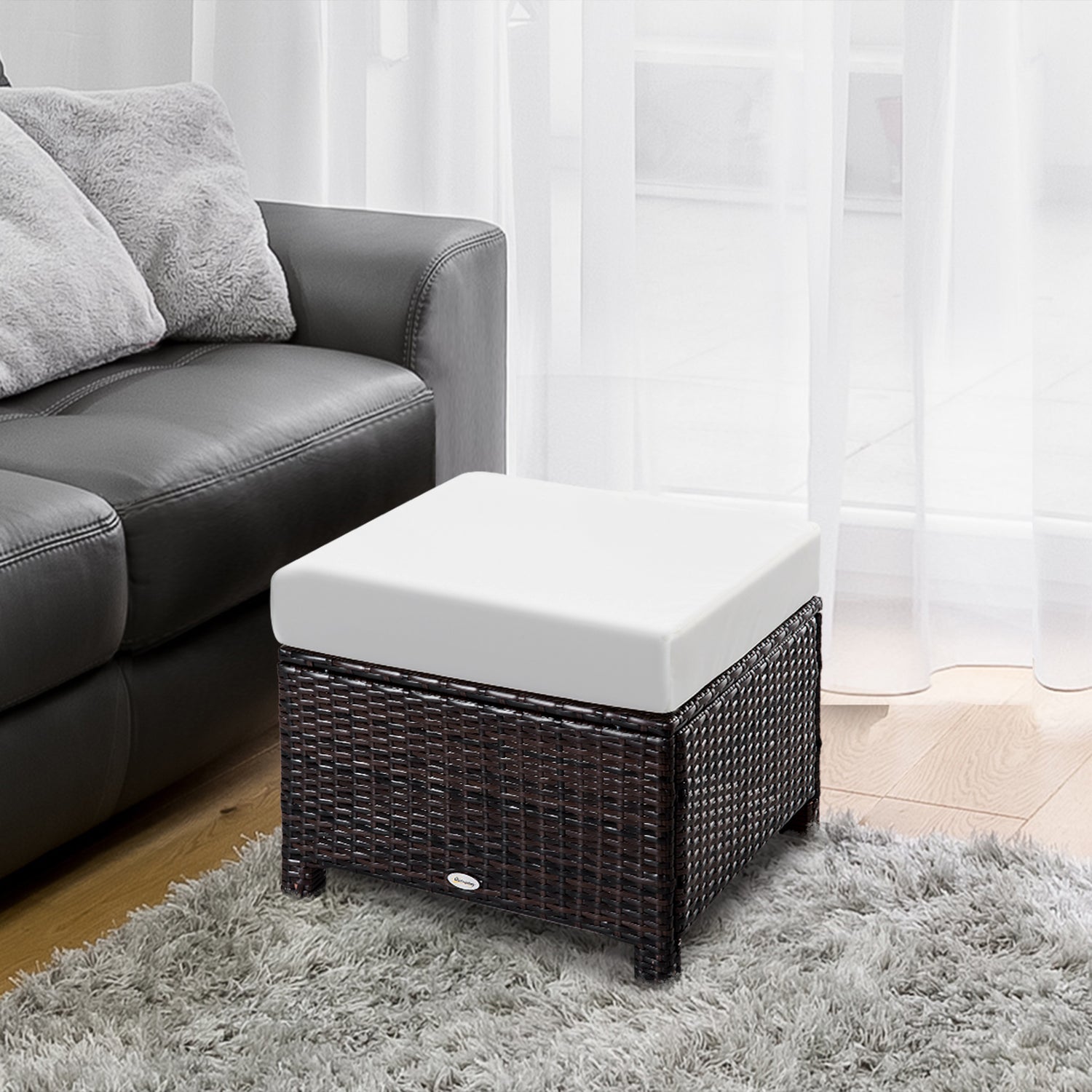 Rattan Footstool Wicker Ottoman With Padded Seat Cushion Outdoor Patio Furniture For Garden Poolside Living Room, 50 X 50 X 35 Cm, Brown