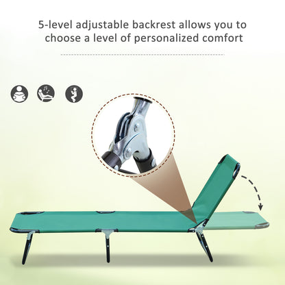 Folding Patio Lounge Chair, Outdoor Sun Tanning Chair, 5-level Adjustable Back, Chaise Pool Breathable Chair with Steel Frame, for Beach, Yard, Green