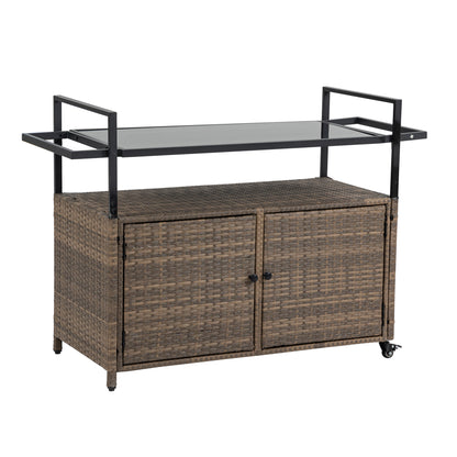 Outdoor Wicker Bar Cart, Patio Wine Serving Cart W Wheels , Rolling Rattan Beverage Bar Counter Table W Glass Top For Porch Backyard Garden Poolside Party, Light Brown