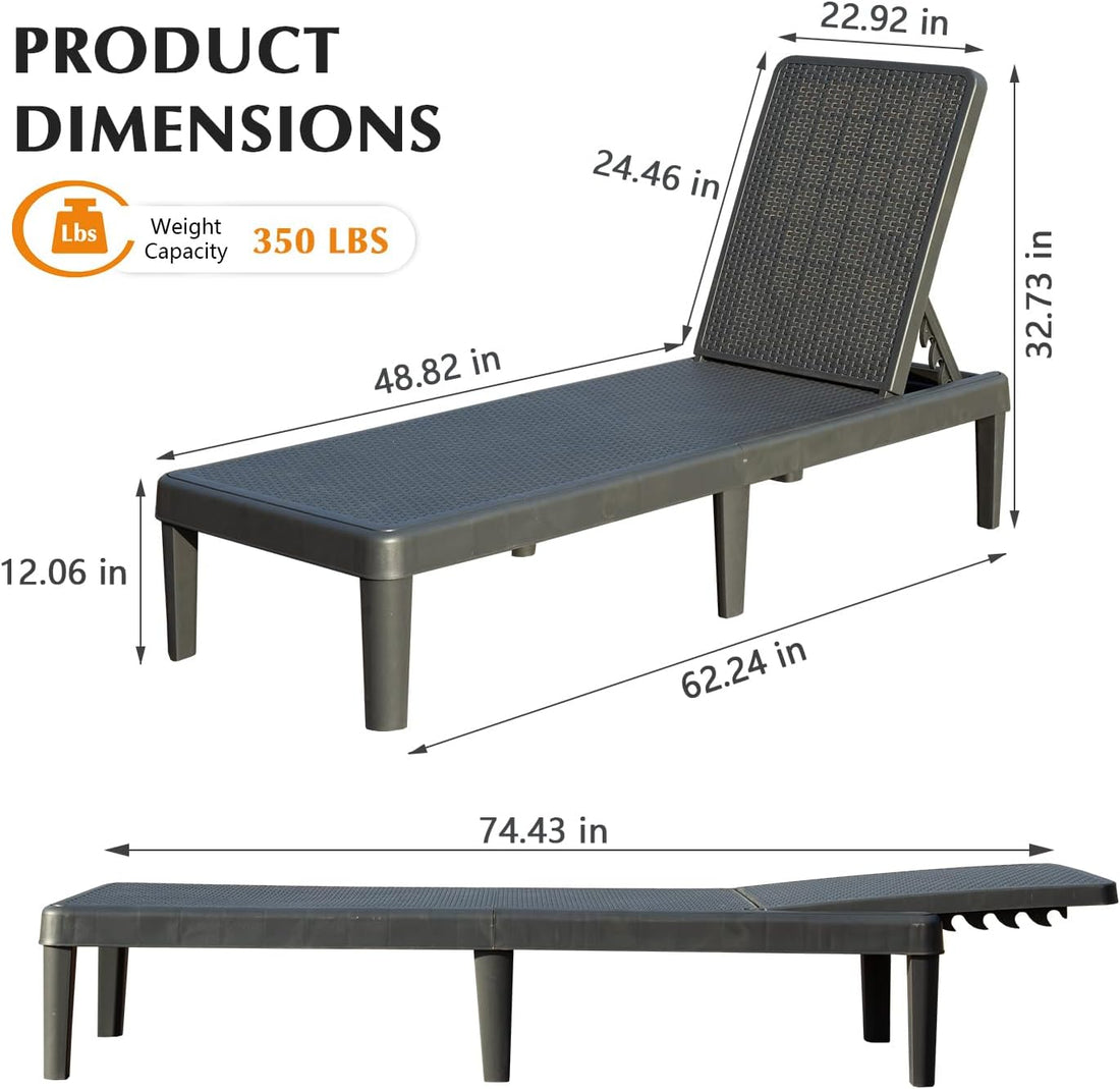 Pool Lounge Chairs Set Of 2, Outdoor Lounge Chairs With 6 Positions Backrest Adjustable, Resin Waterproof Chaise Lounge Outdoor For Poolside Patio Garden Deck