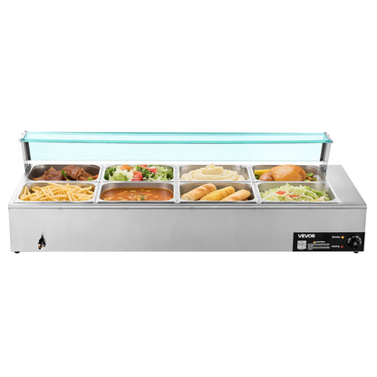 Commercial Food Warmer, 1700W Electric Stainless Steel Steam Food Warmer With Glass Cover, 8-Pan Countertop Buffet Bain Marie With Soup &amp; Perforated Ladles, For Catering, Restaurant &amp; Party