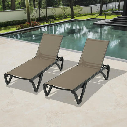 Pool Lounge Chairs Set Of 2, Aluminum Patio Chaise Lounge With Wheels, 5 Position Adjustable, All Weather Outdoor Lounge Chairs For Beach, Yard, Balcony, Poolside, Khaki