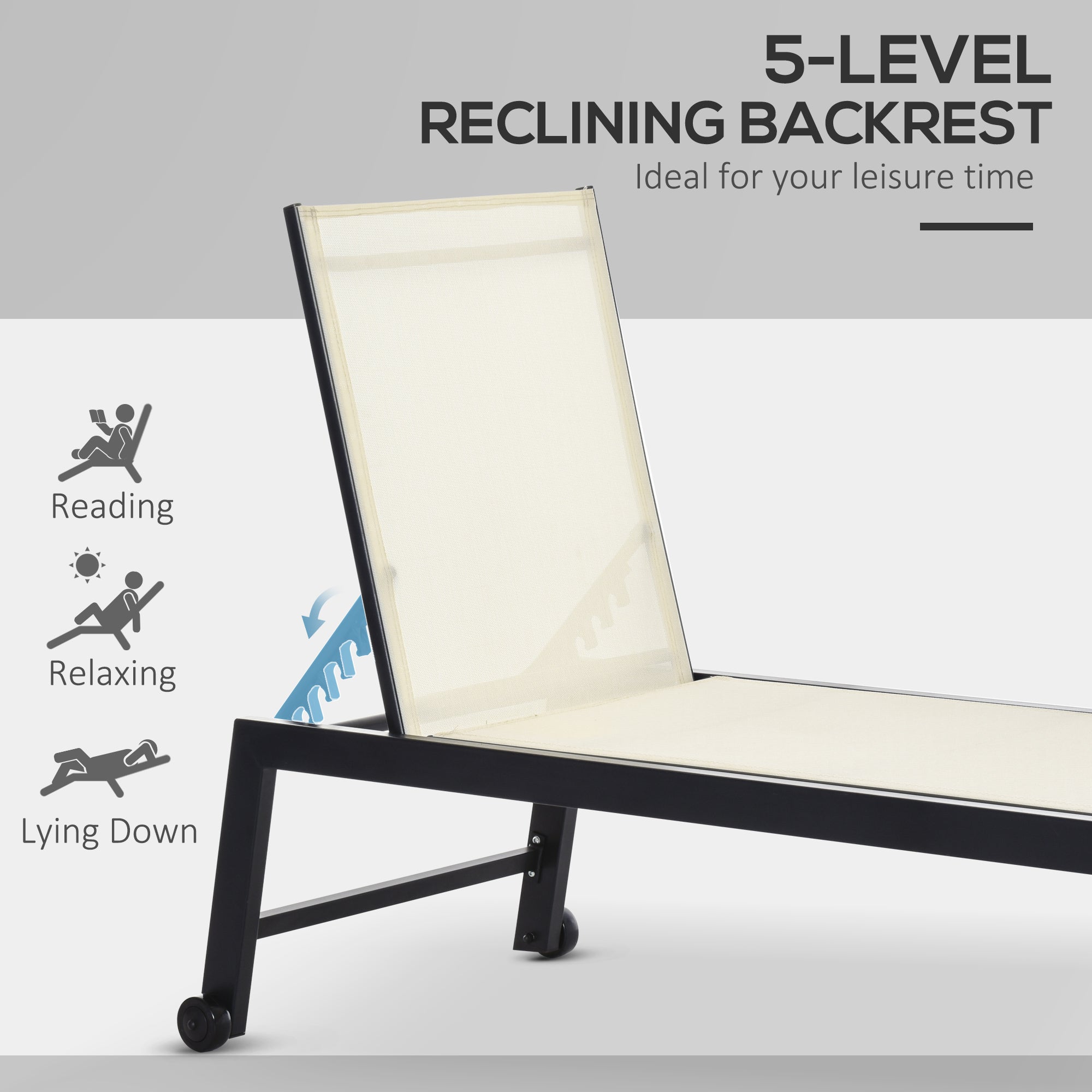 Outdoor Chaise Lounge with Wheels, Five Position Recliner for Sunbathing, Suntanning, Steel Frame, Breathable Fabric for Beach, Yard, Patio, Cream White