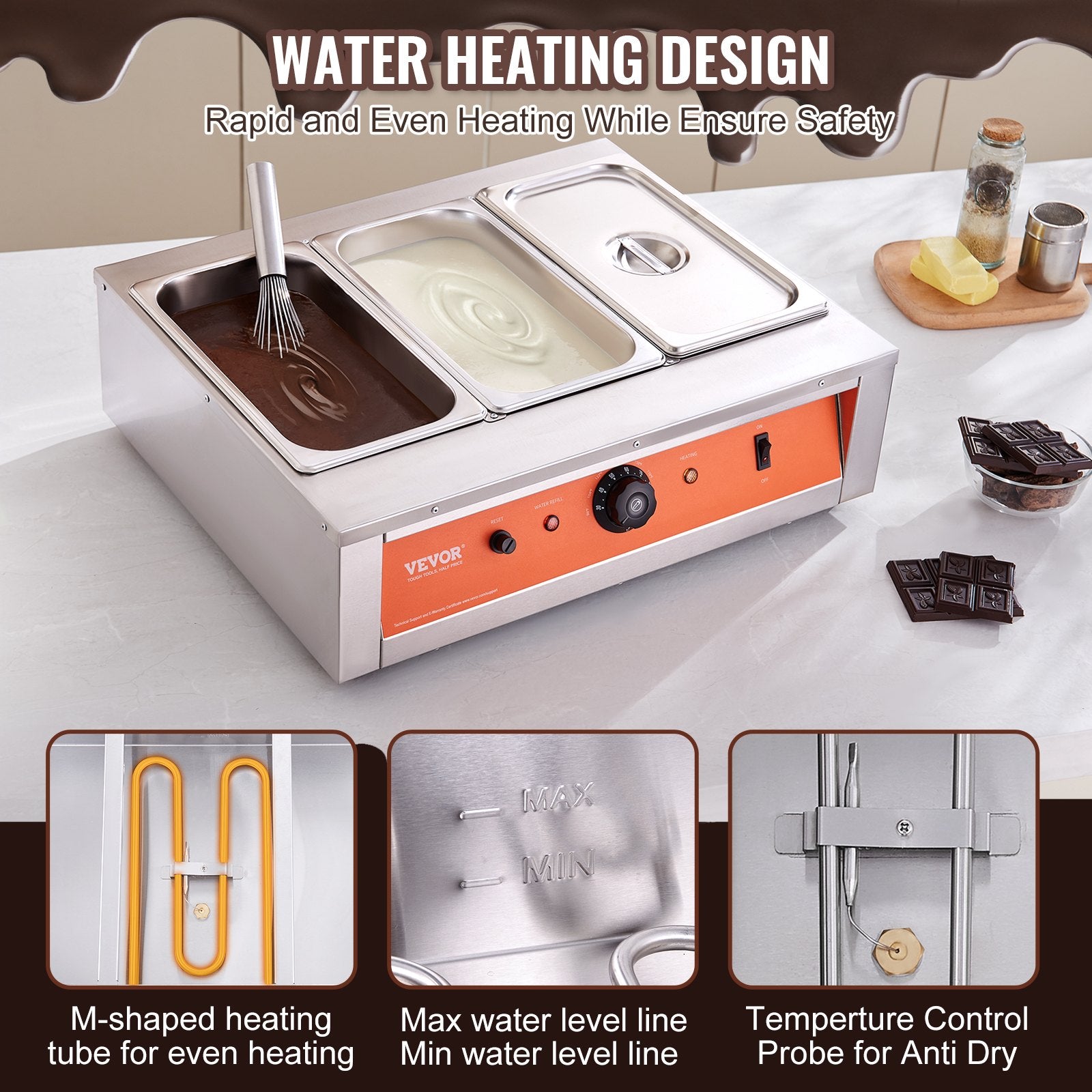 Chocolate Tempering Machine, 26.5 Lbs 3 Tanks Chocolate Melting Pot TEMP Control 86~185F, 1500W Stainless Steel Electric Commercial Food Warmer For Chocolate/Milk/Cream Melting And Heating