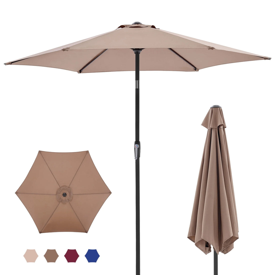 7.5-foot Outdoor Terrace Sun Umbrella, With Button Tilt And Hand-cranking Device, 6-rib Design, UV15- Waterproof Fabric