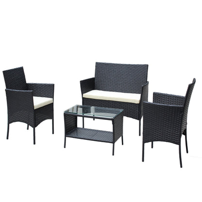 4 PC Rattan Patio Furniture Set with Cushioned Sofa - Black