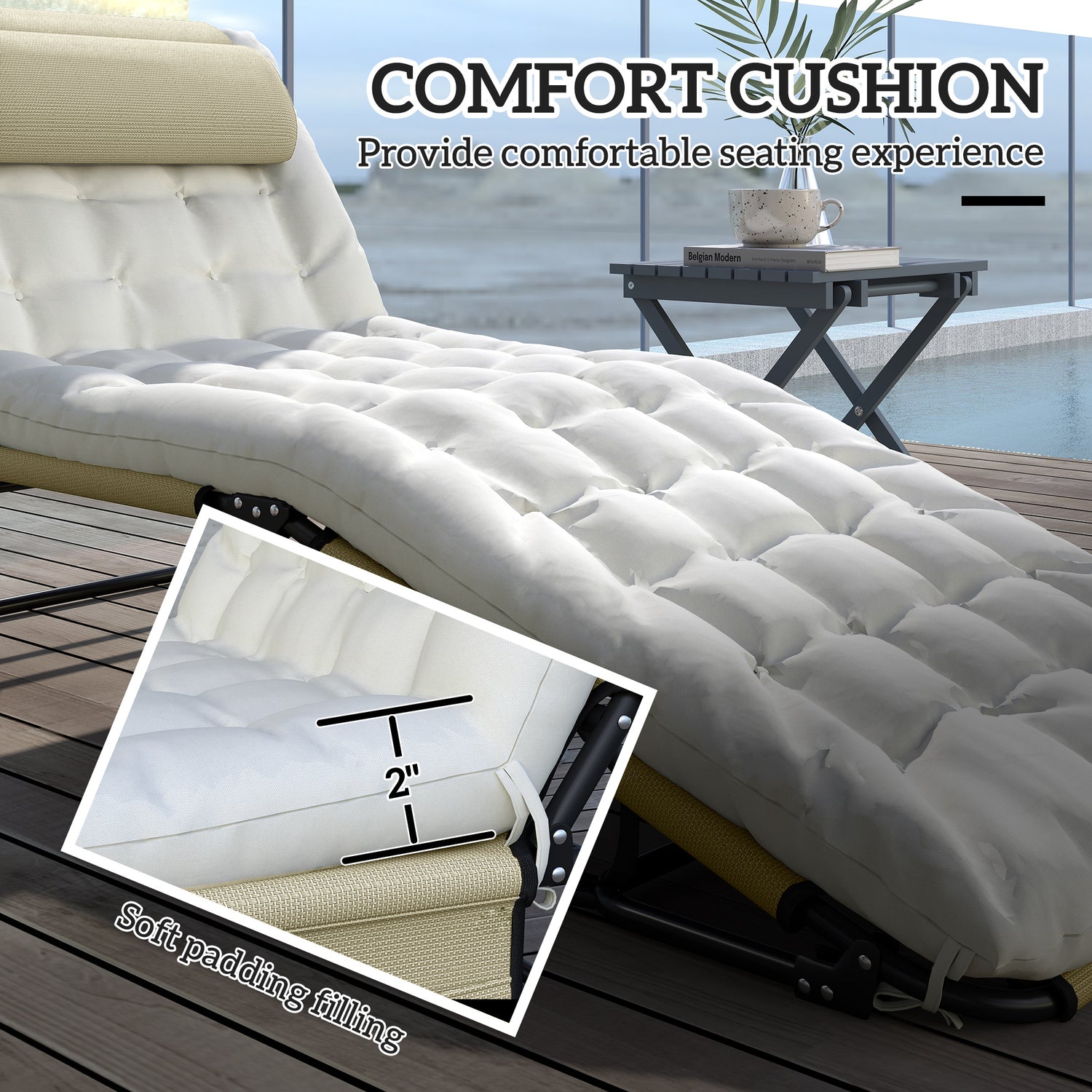 Folding Chaise Lounge Pool Chair with 4-level Reclining Back, Cushion, Side Pocket, Headrest, Beige